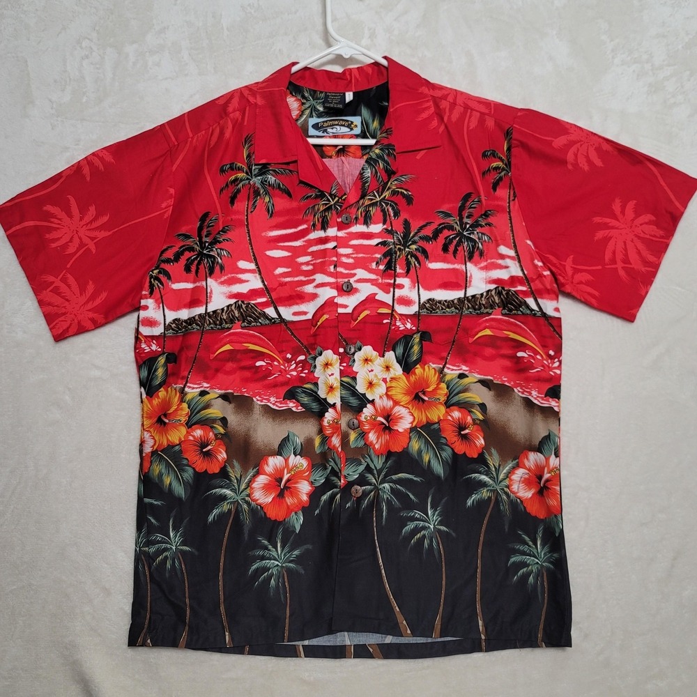 Palmwave Hawaii Shirt Mens Large Red Black Aloha Hawaiian Tropical Hibiscus